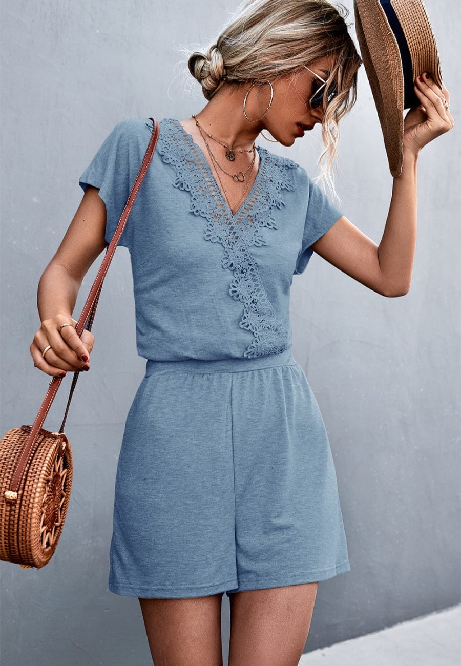Lace Trim Surplice Neck Romper