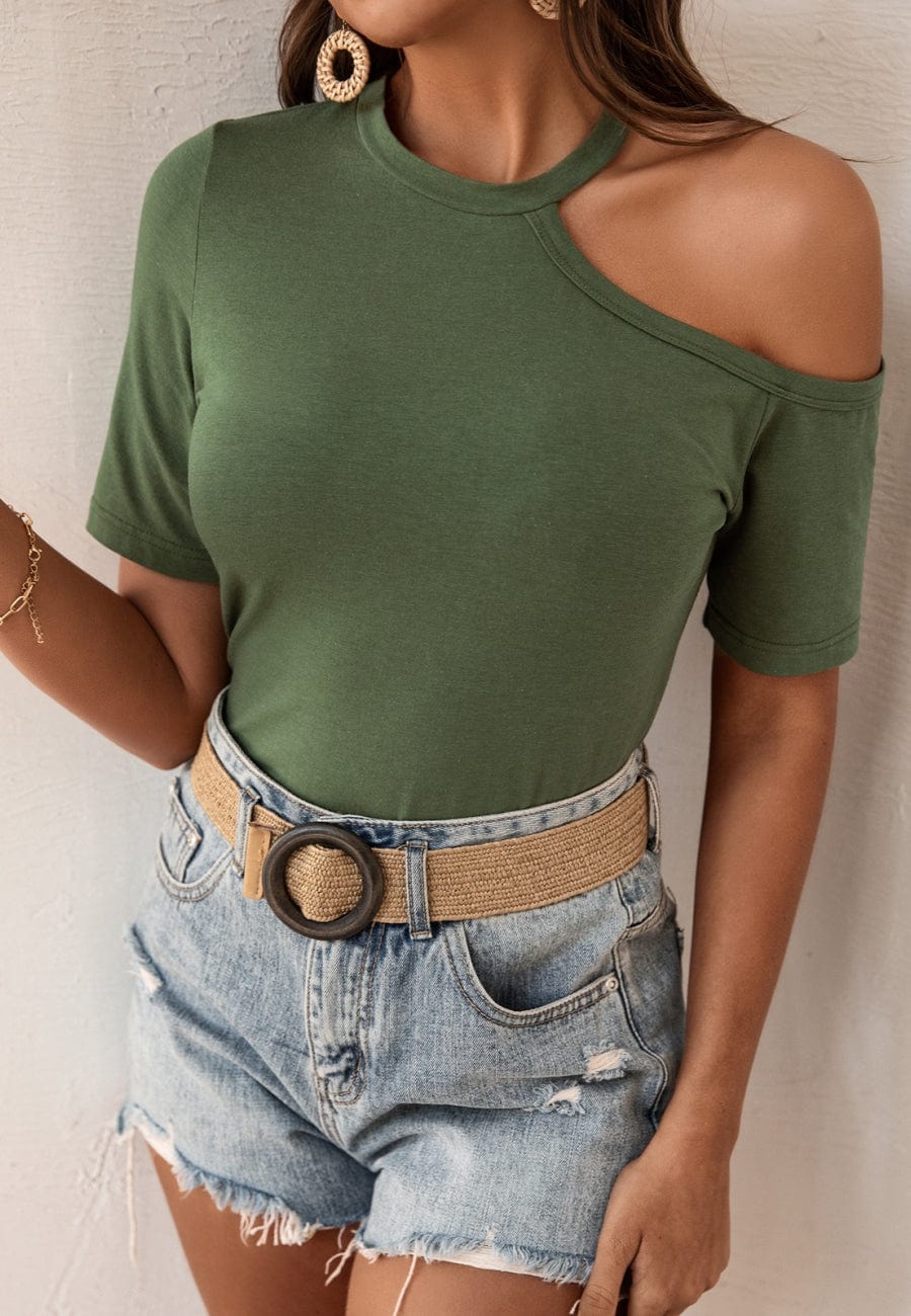 Round Neck Shoulder Cutout Shirt