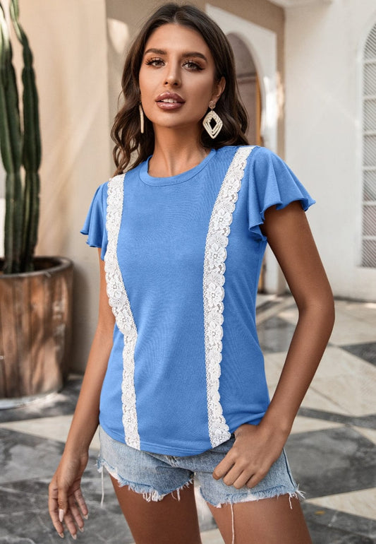 Lace Trim Flutter Sleeve Blouse