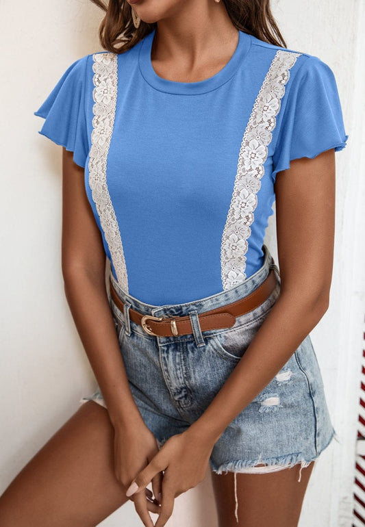 Lace Trim Flutter Sleeve Blouse