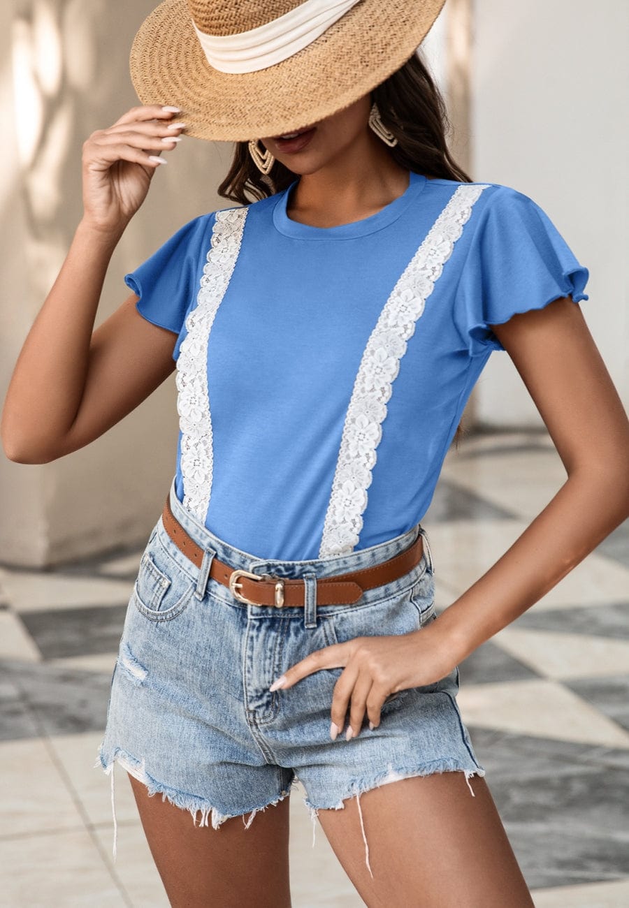 Lace Trim Flutter Sleeve Blouse