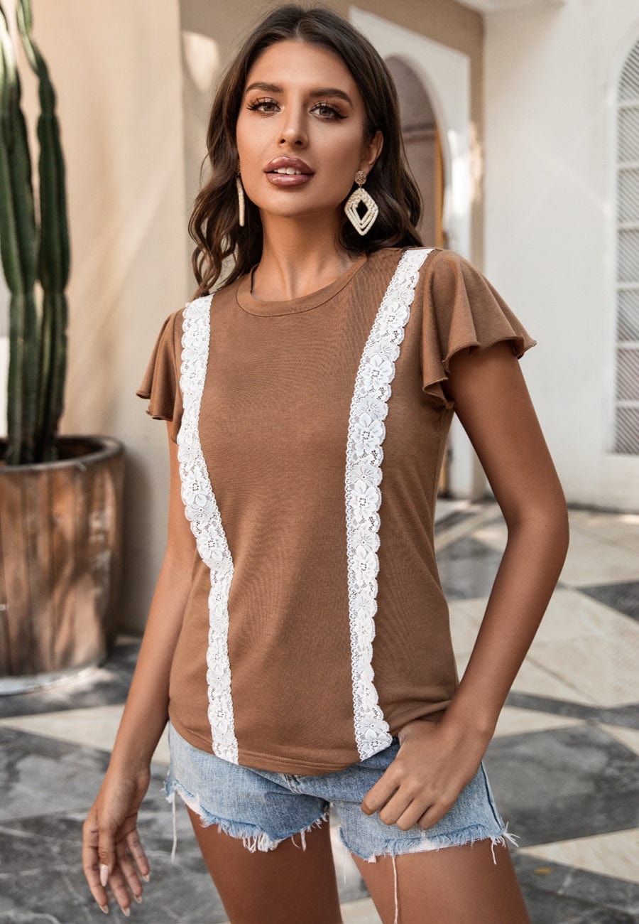 Lace Trim Flutter Sleeve Blouse