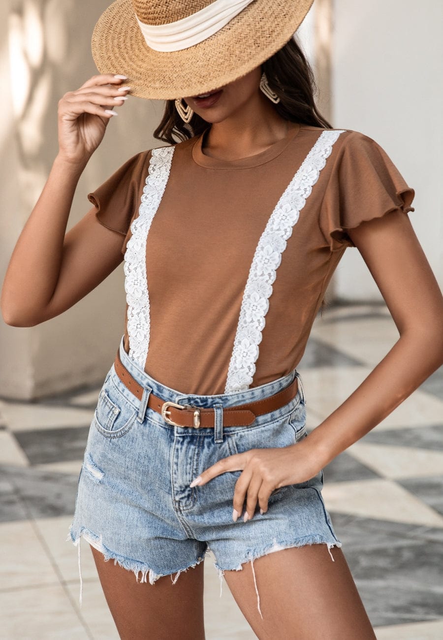 Lace Trim Flutter Sleeve Blouse