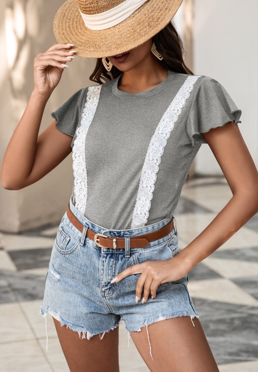 Lace Trim Flutter Sleeve Blouse