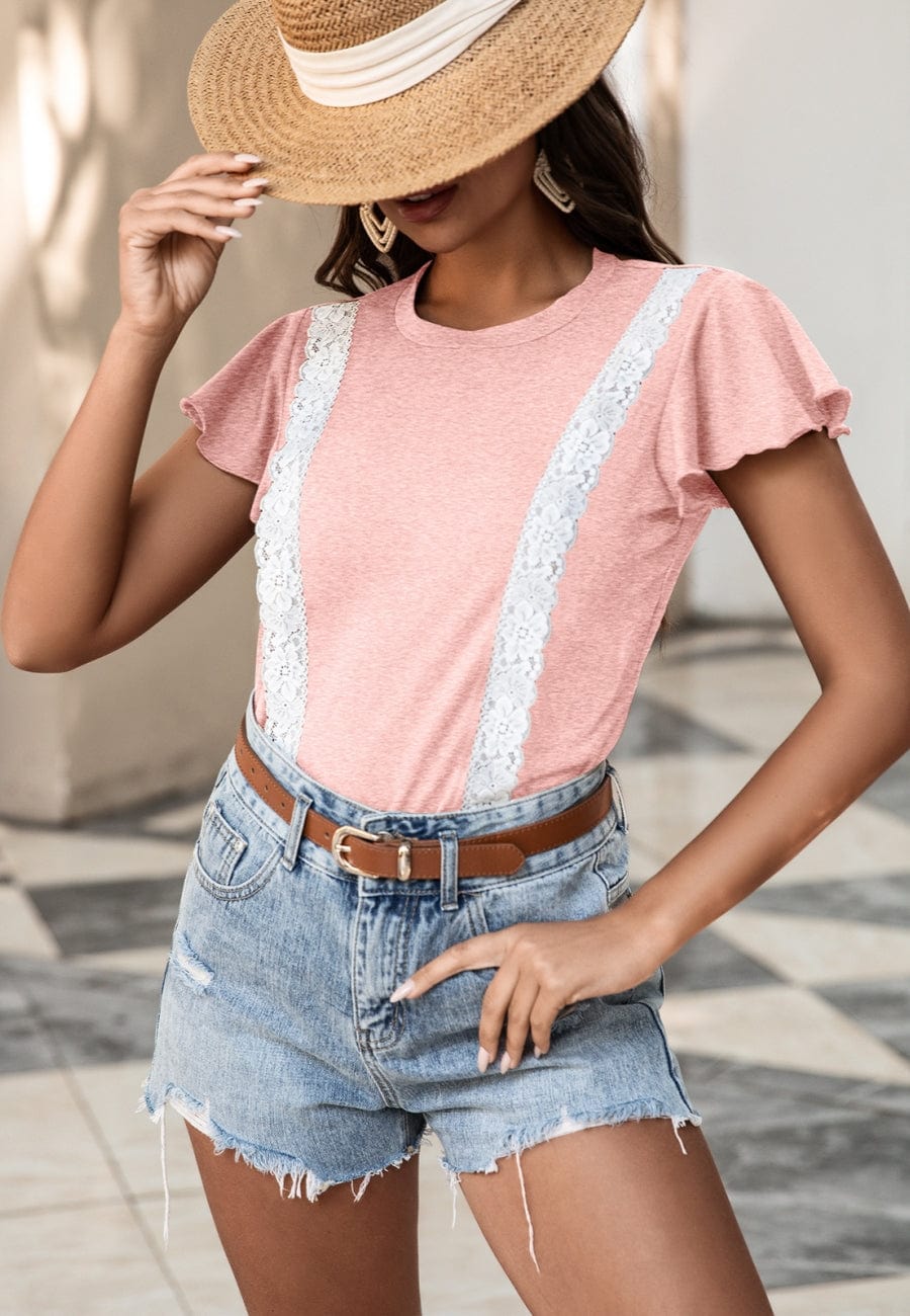 Lace Trim Flutter Sleeve Blouse