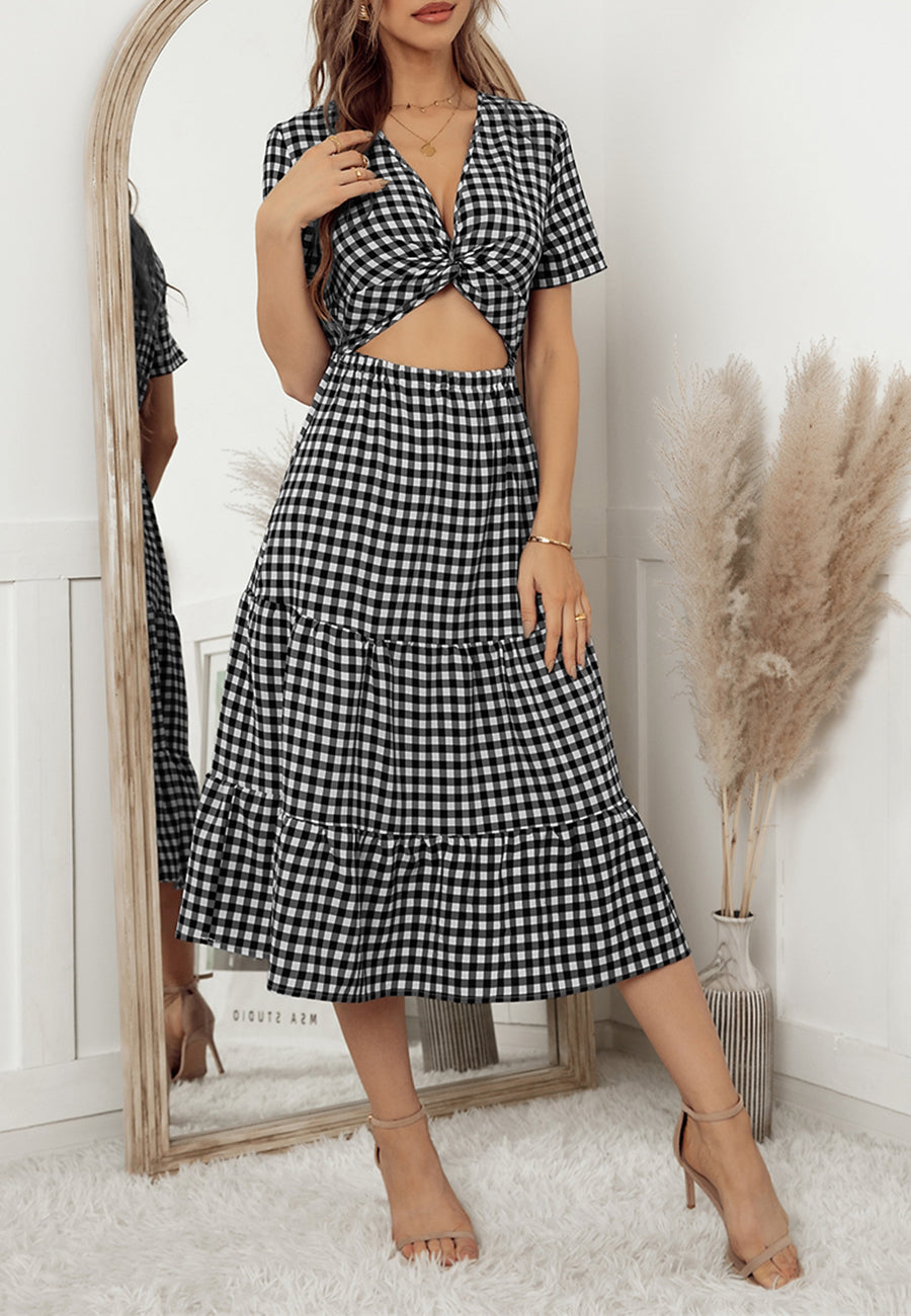 Gingham Print Twist Front Cutout Tiered Dress Below Knee Length – Anna-Kaci  Wholesale