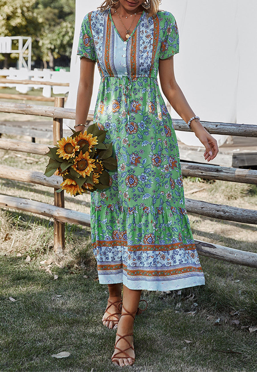 Button Detail Floral Boho Dress
