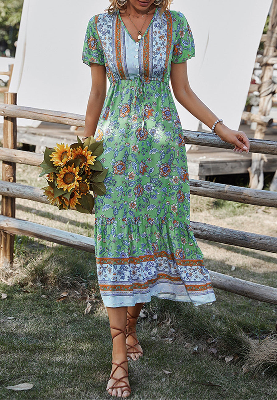 Button Detail Floral Boho Dress