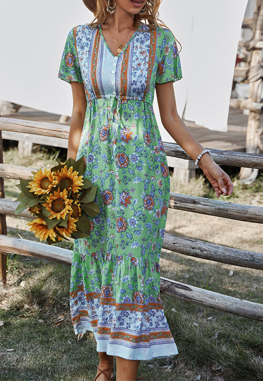 Button Detail Floral Boho Dress