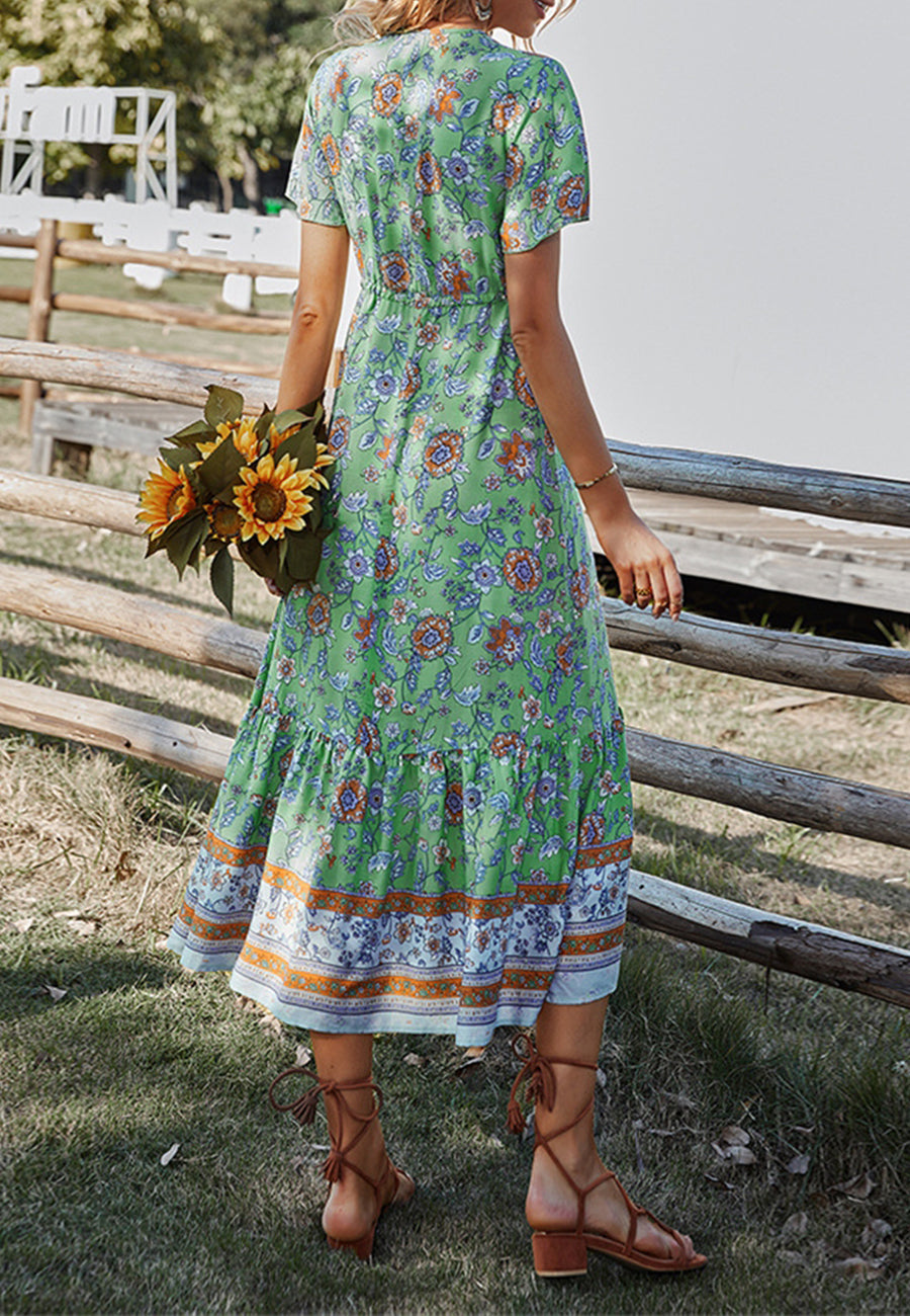 Button Detail Floral Boho Dress