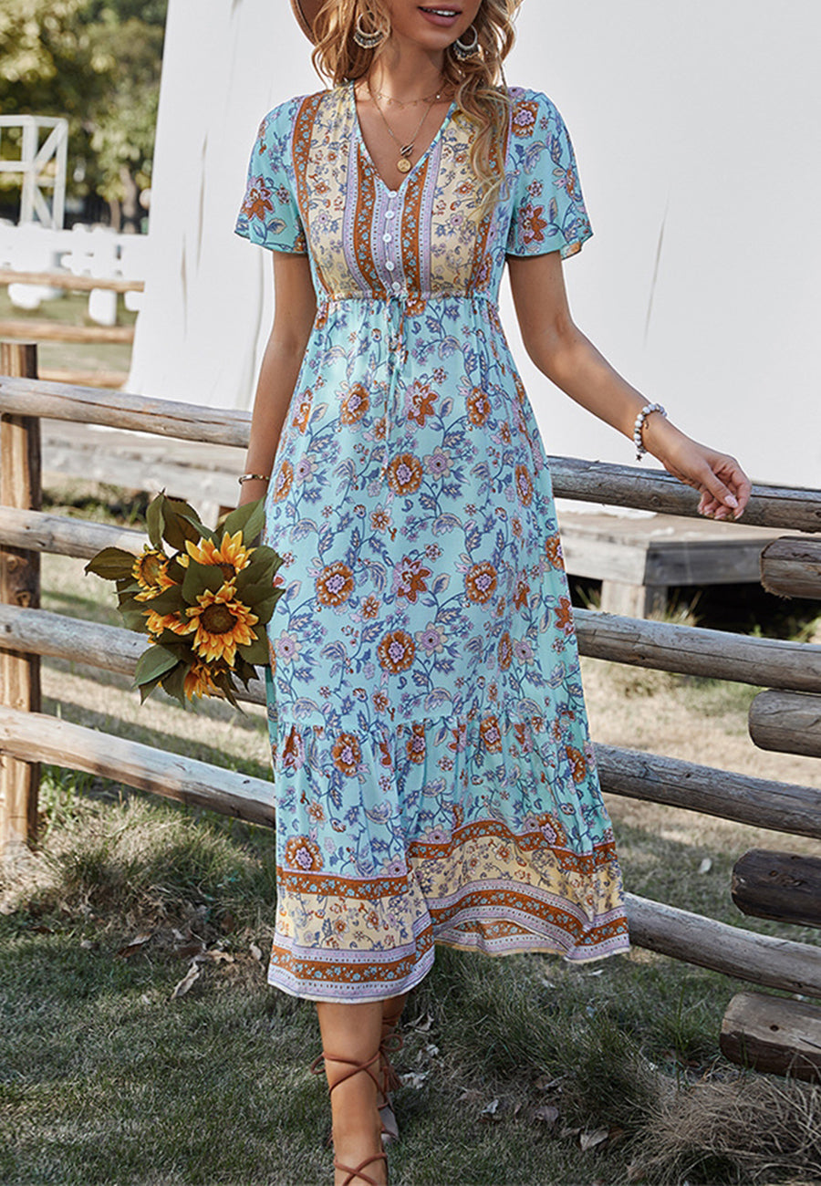 Button Detail Floral Boho Dress