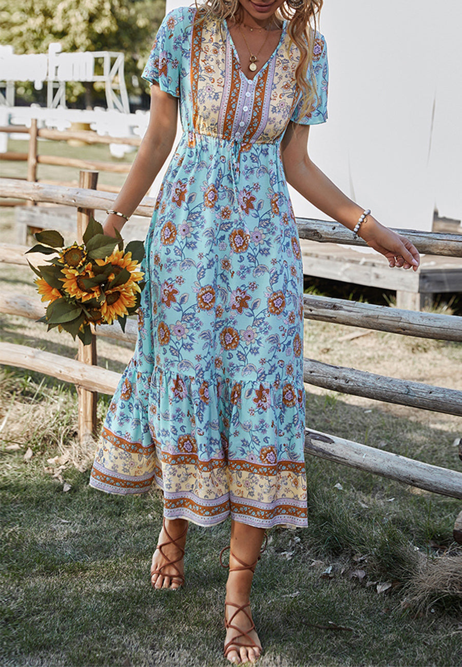Button Detail Floral Boho Dress