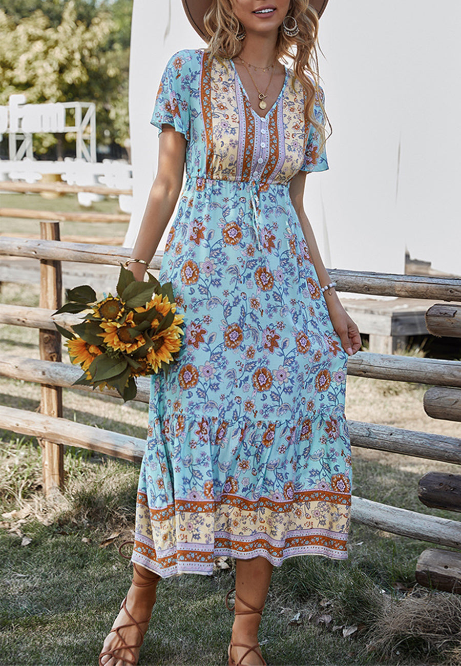Button Detail Floral Boho Dress