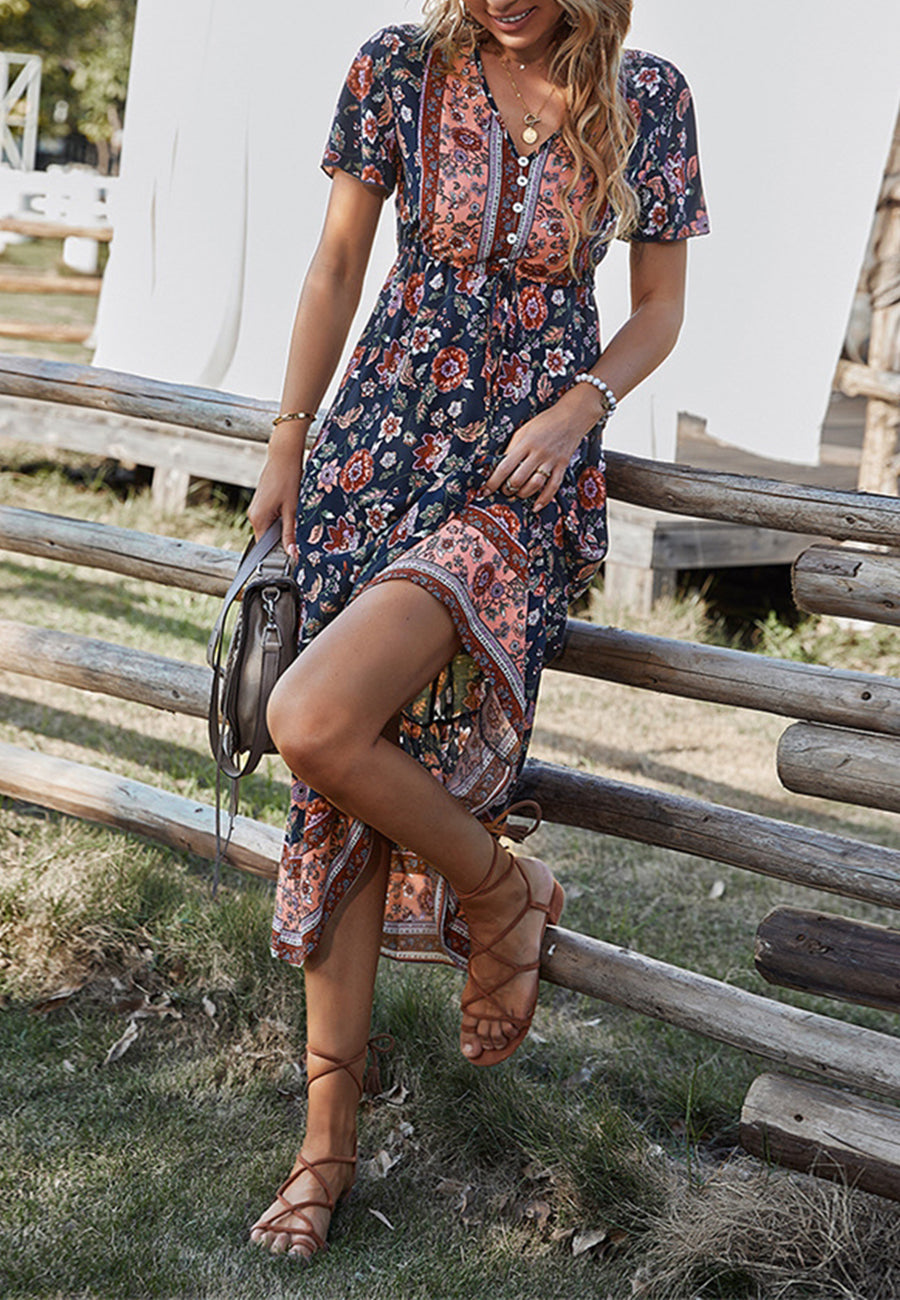 Button Detail Floral Boho Dress