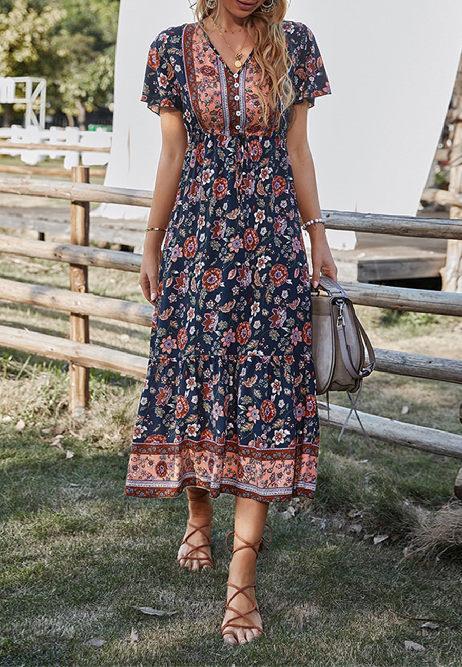 Button Detail Floral Boho Dress