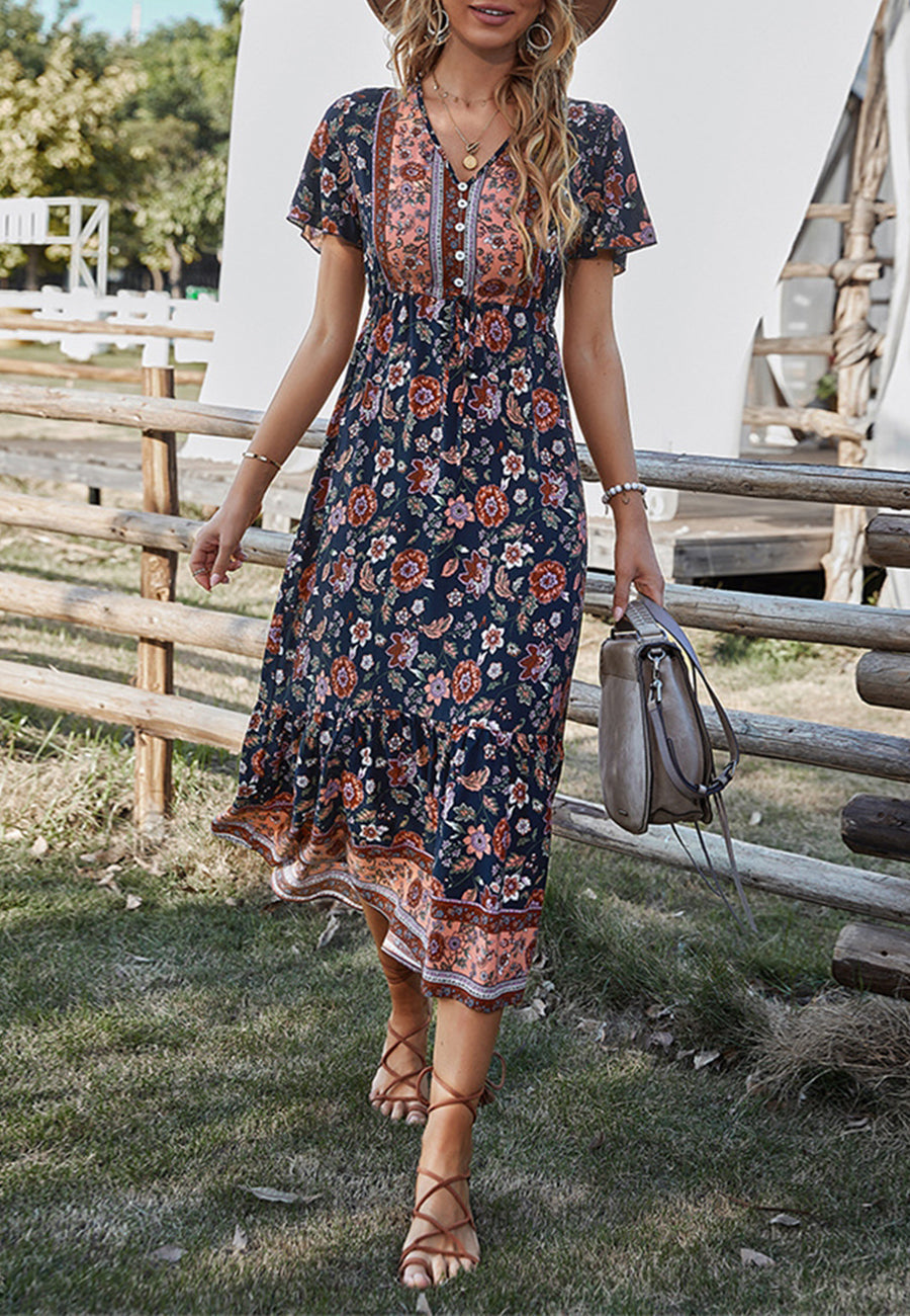 Button Detail Floral Boho Dress