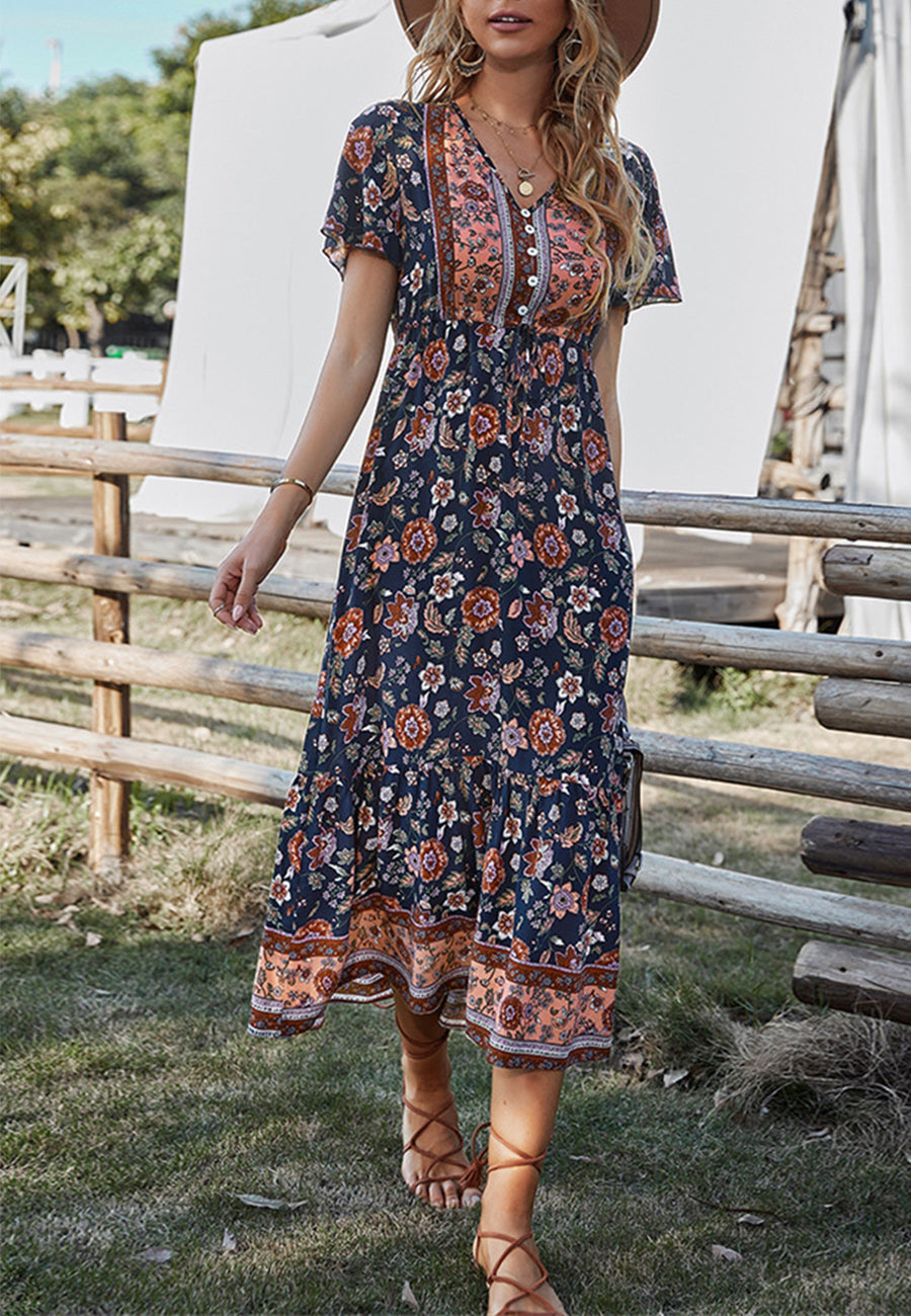 Button Detail Floral Boho Dress