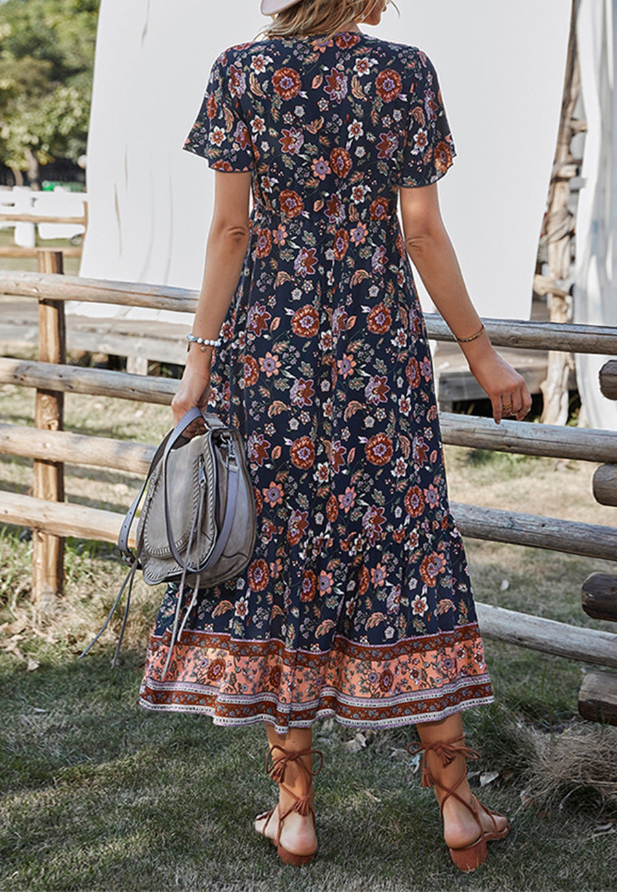 Button Detail Floral Boho Dress