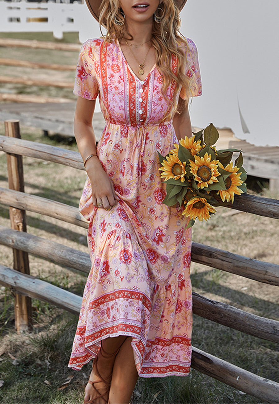 Button Detail Floral Boho Dress