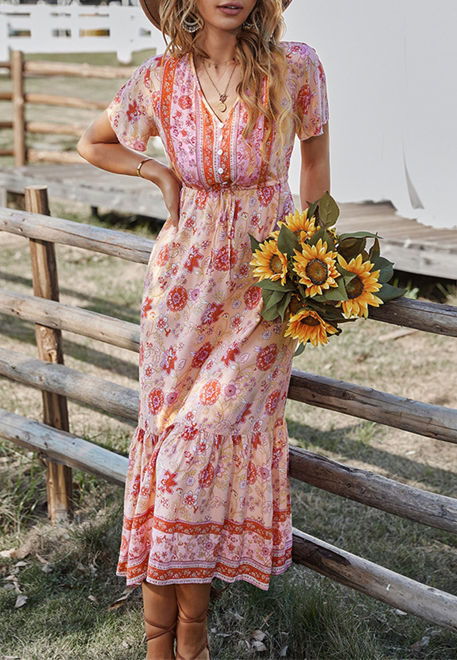 Button Detail Floral Boho Dress