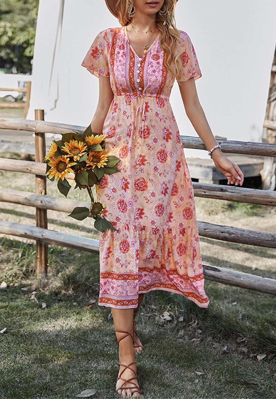Button Detail Floral Boho Dress