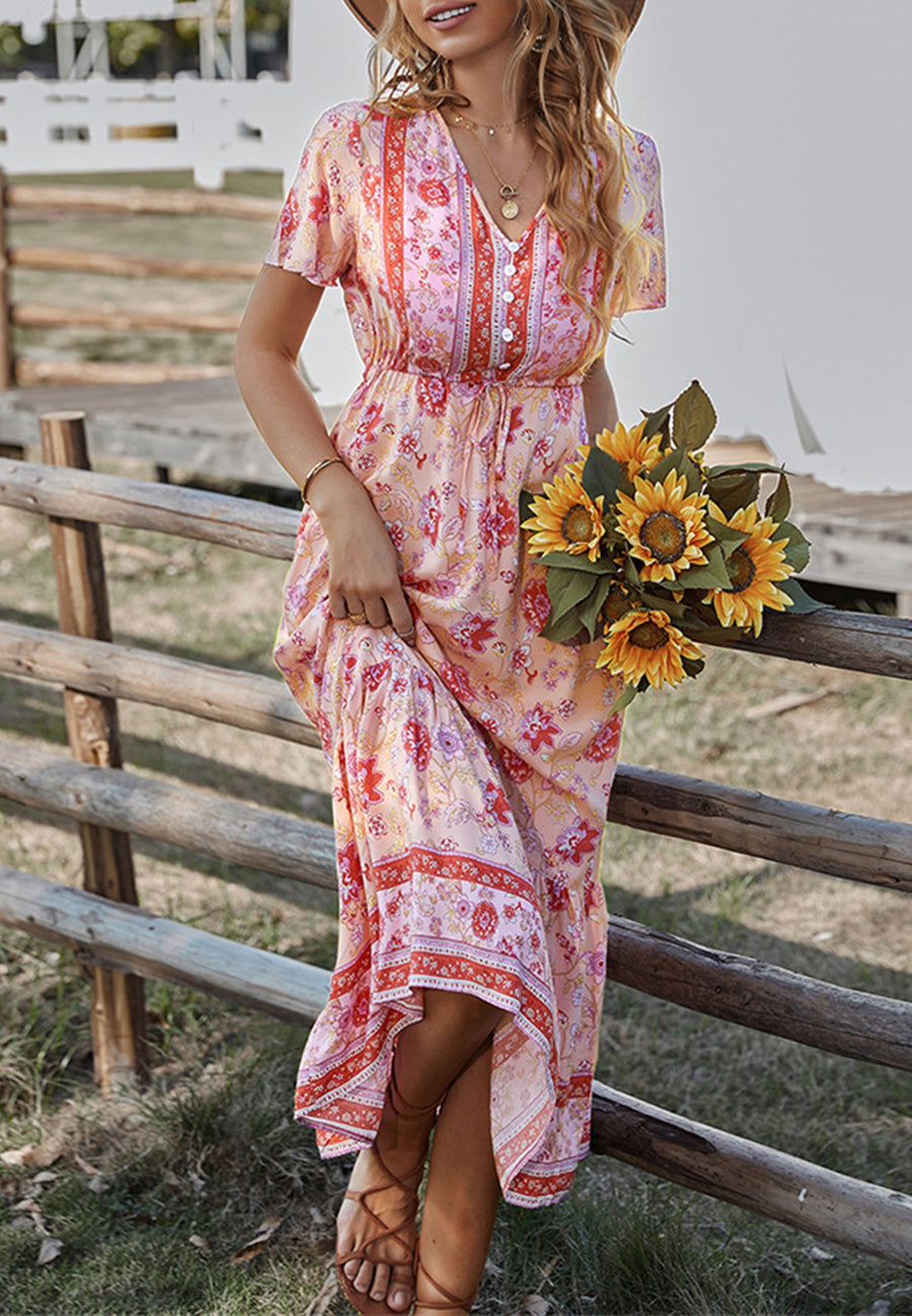 Button Detail Floral Boho Dress