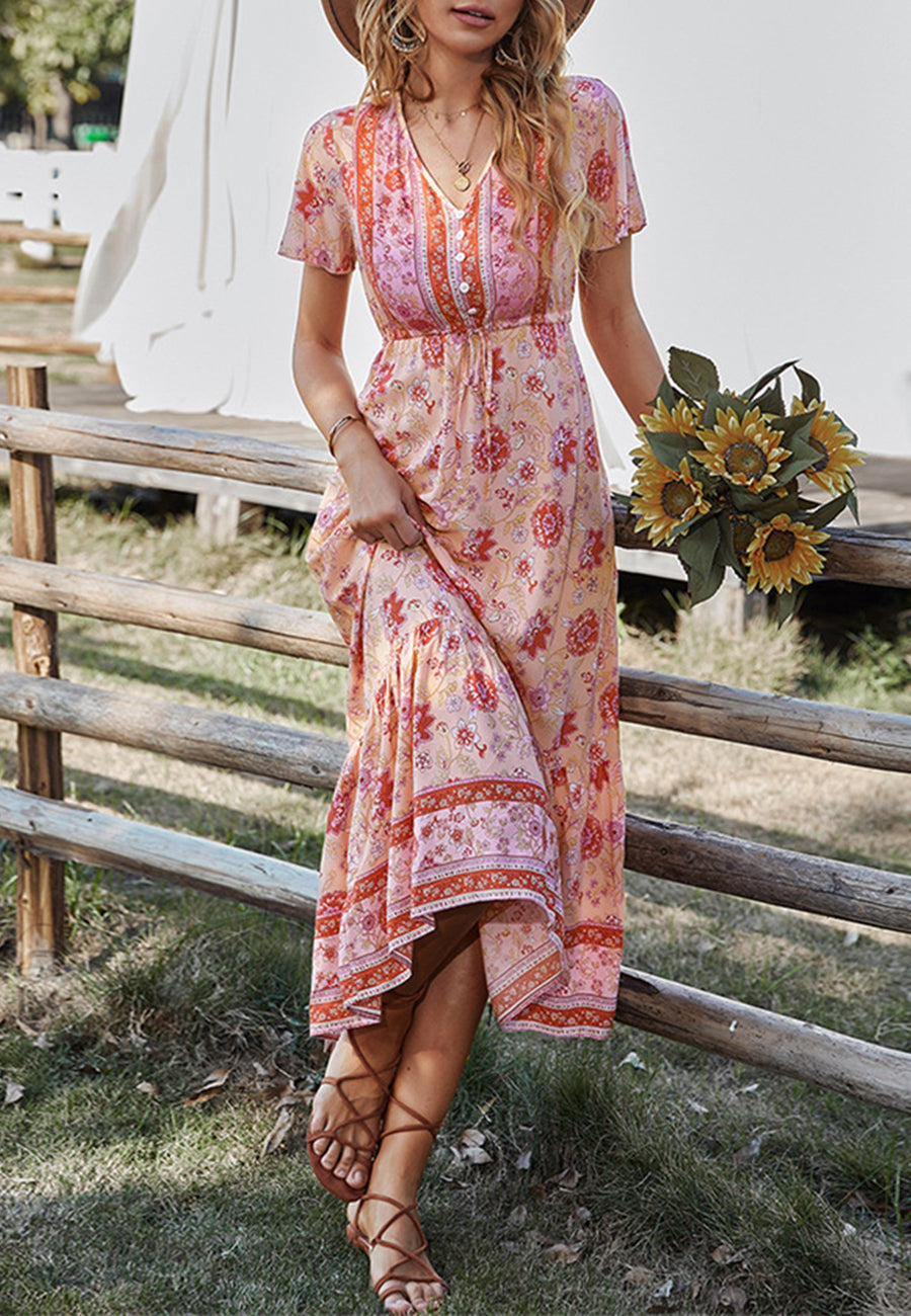 Button Detail Floral Boho Dress
