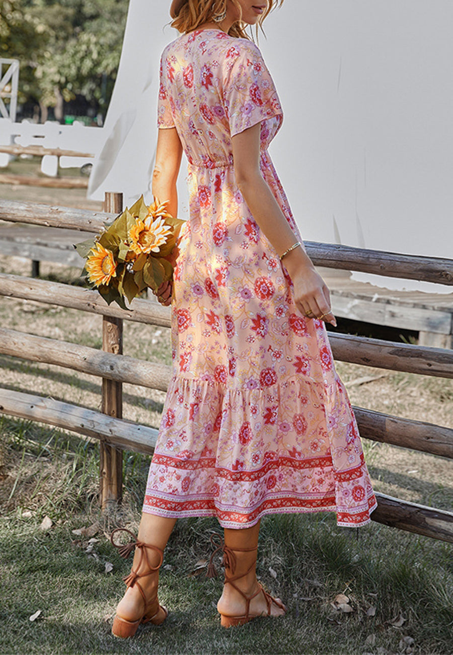 Button Detail Floral Boho Dress