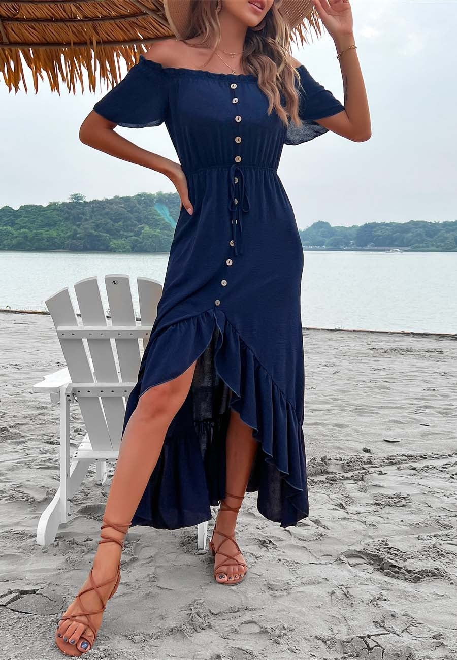 Off Shoulder Button Midi Dress