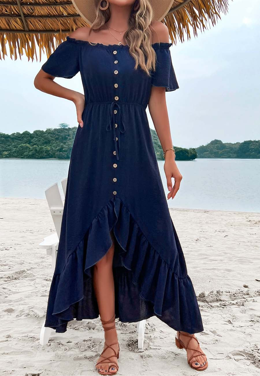 Off Shoulder Button Midi Dress