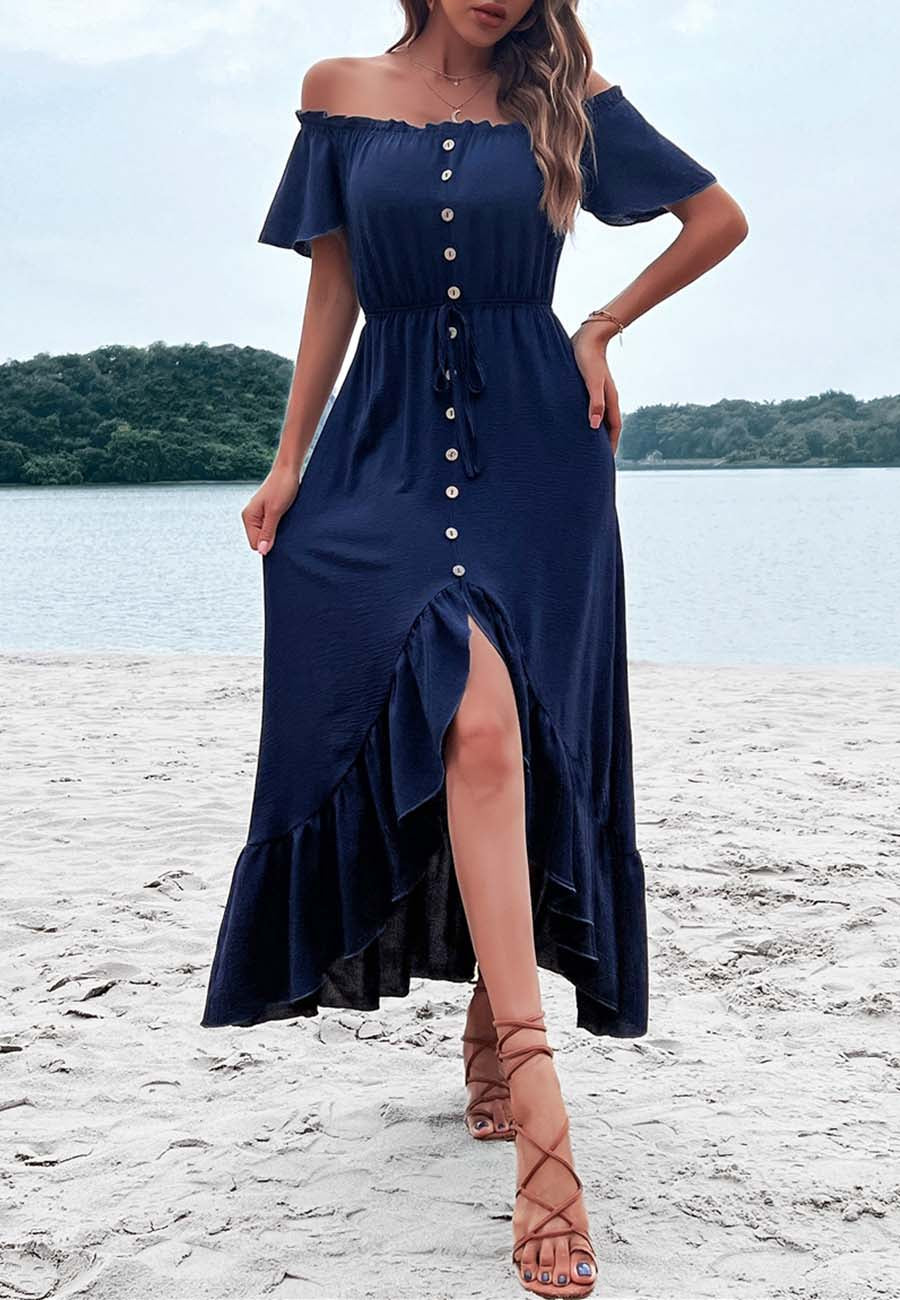 Off Shoulder Button Midi Dress