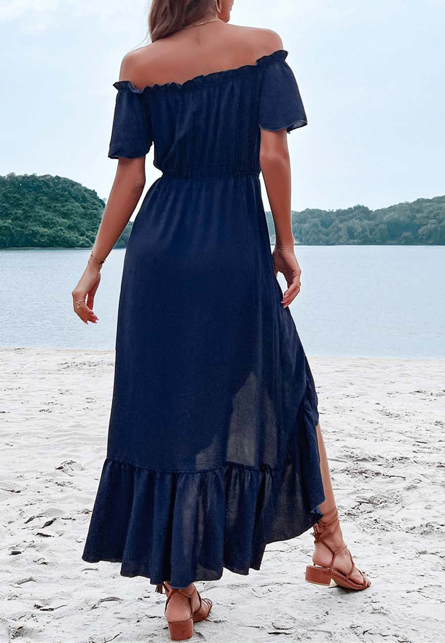 Off Shoulder Button Midi Dress