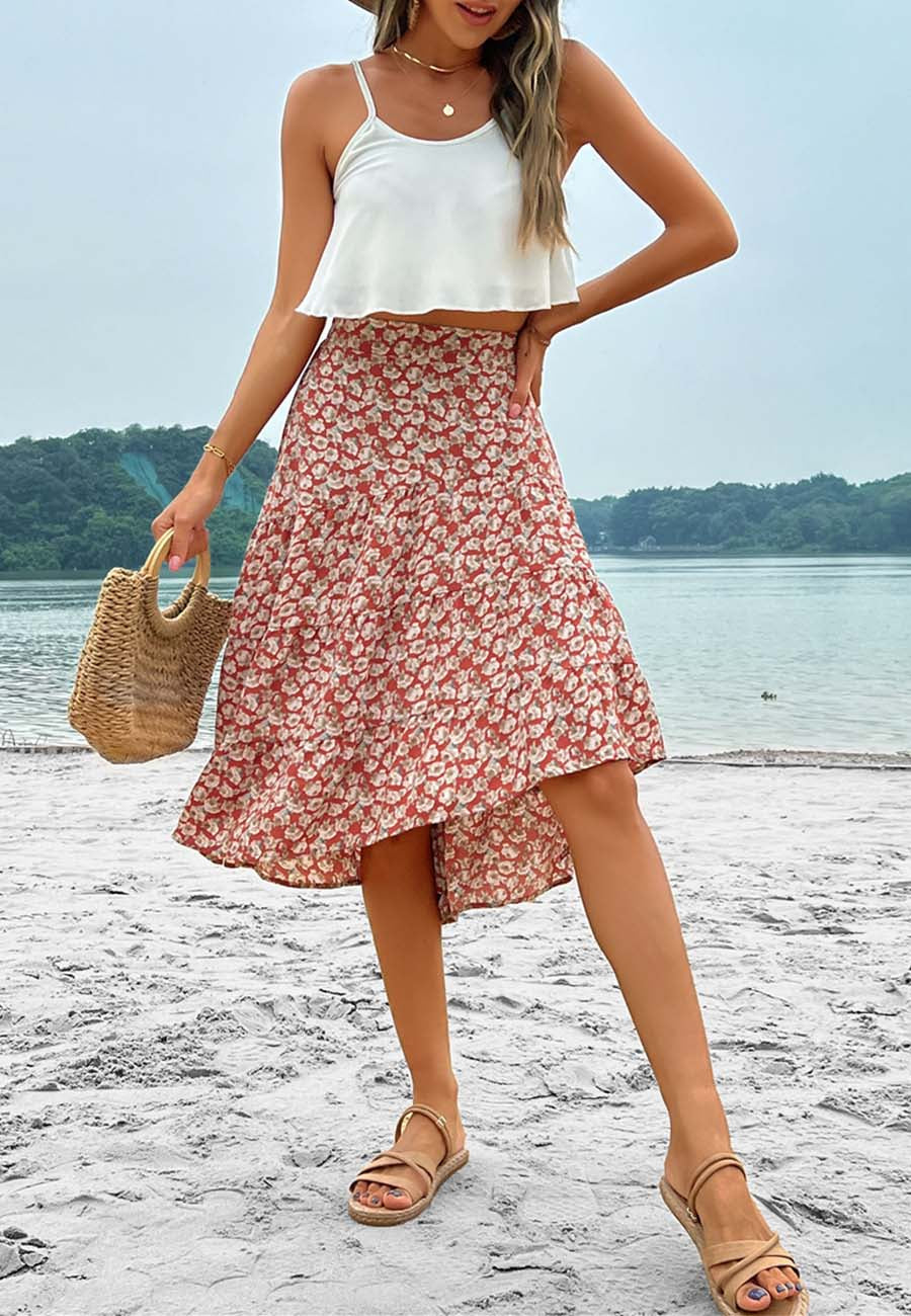 Printed Asymmetrical Hem Skirt