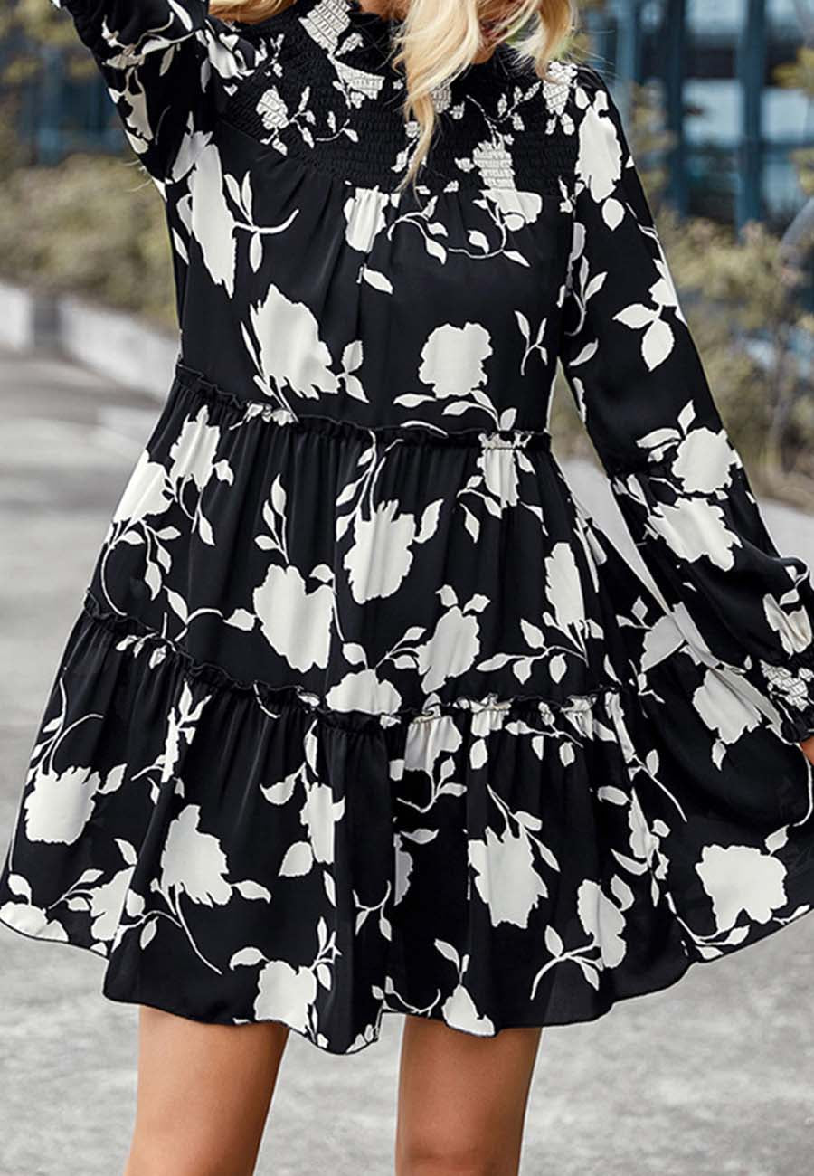 Shirred Neck Vintage Floral Dress