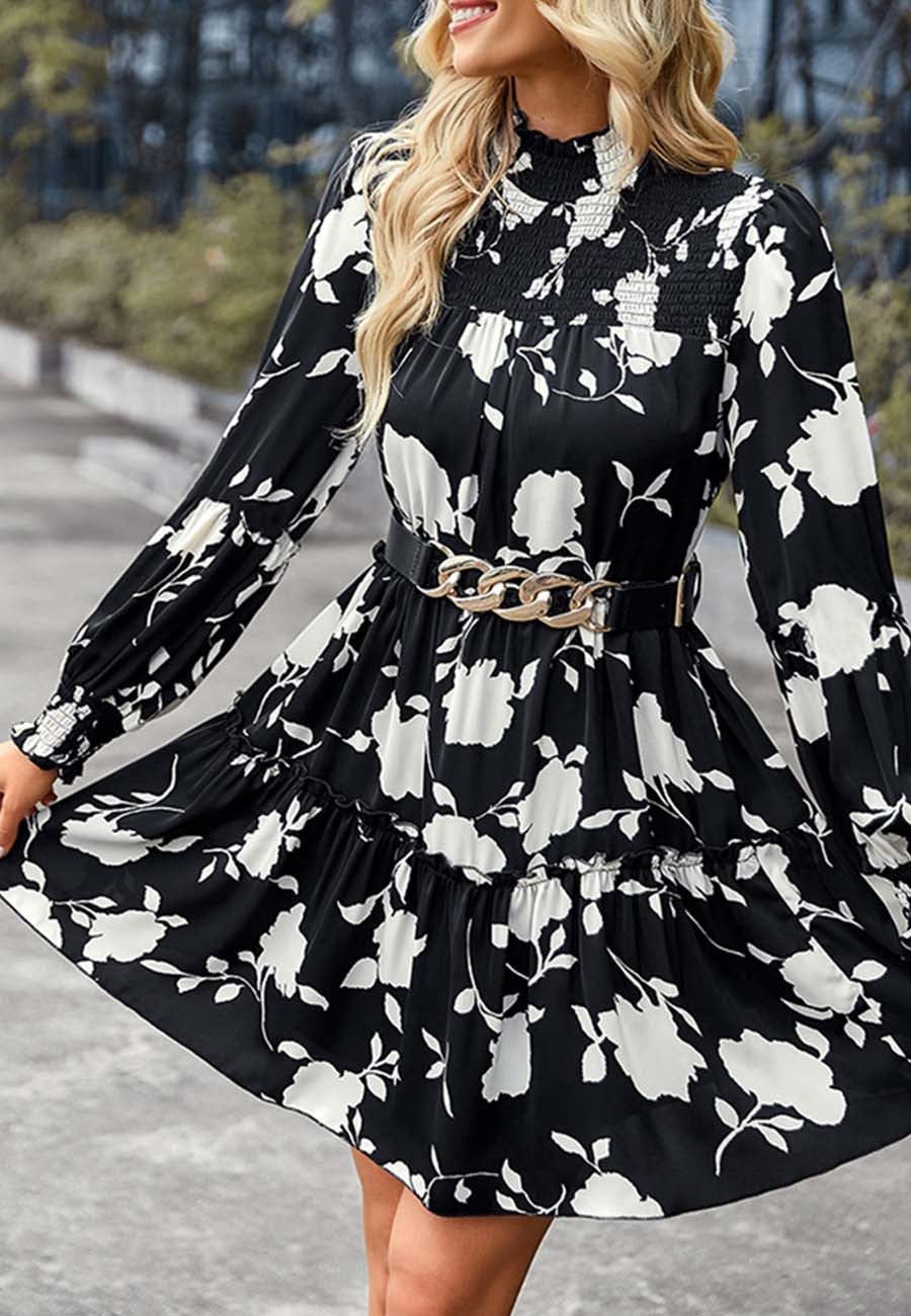 Shirred Neck Vintage Floral Dress