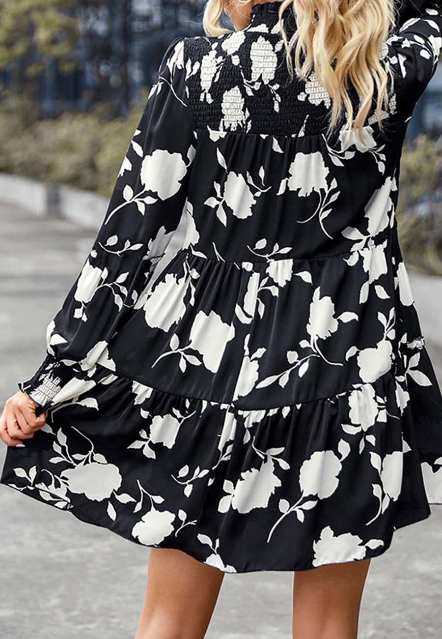 Shirred Neck Vintage Floral Dress