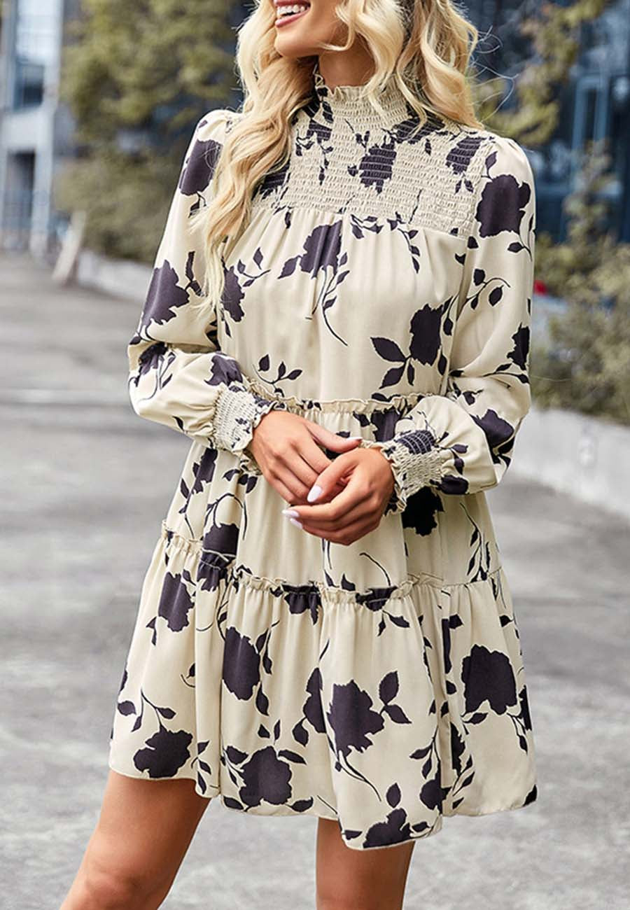 Shirred Neck Vintage Floral Dress