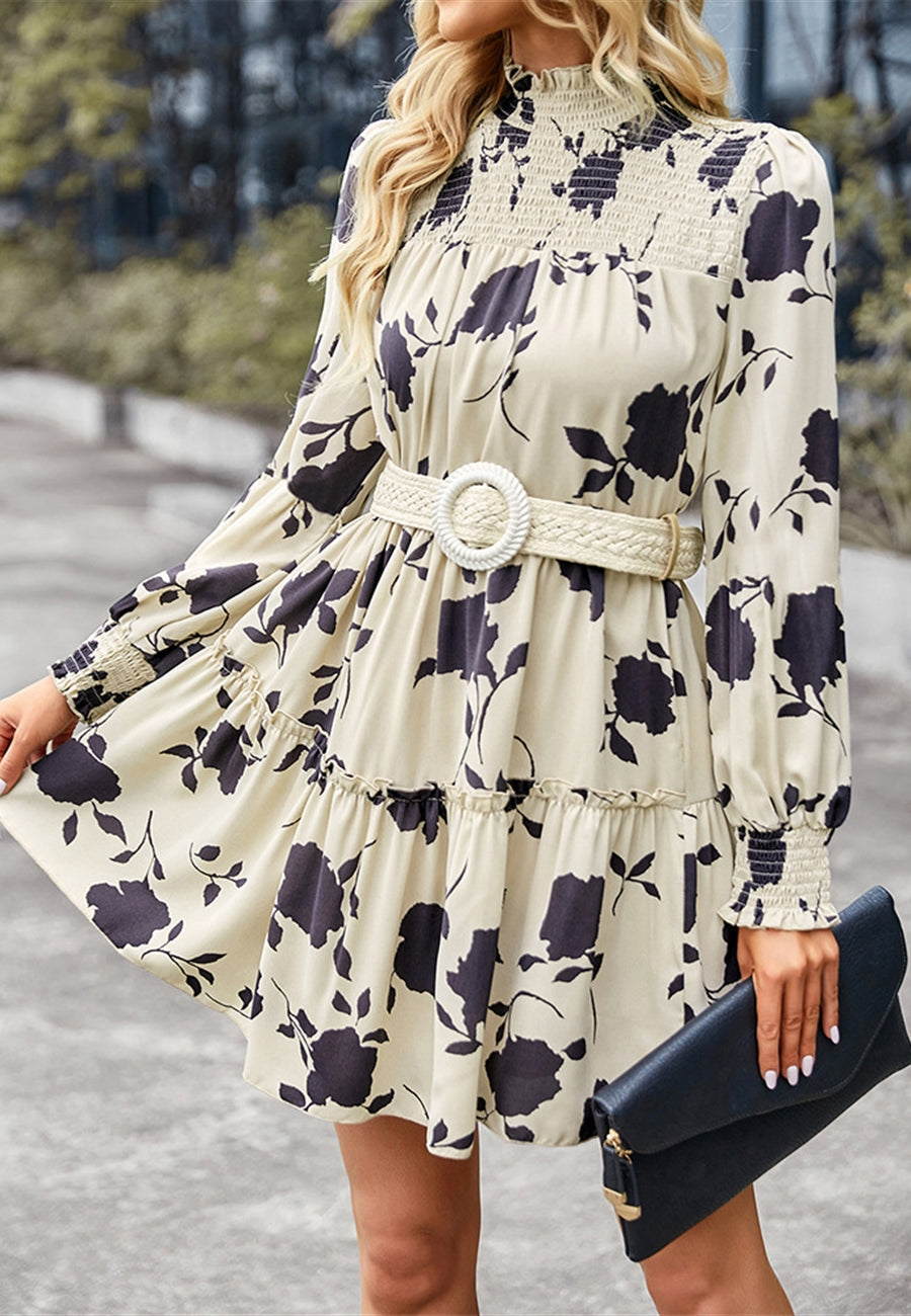Shirred Neck Vintage Floral Dress