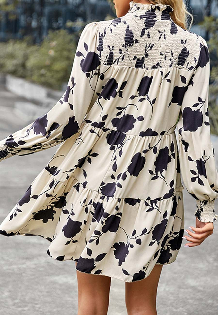Shirred Neck Vintage Floral Dress