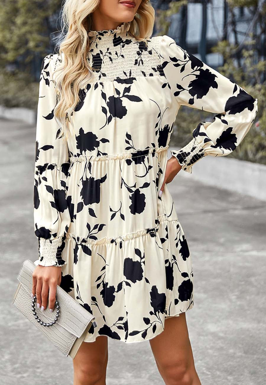 Shirred Neck Vintage Floral Dress