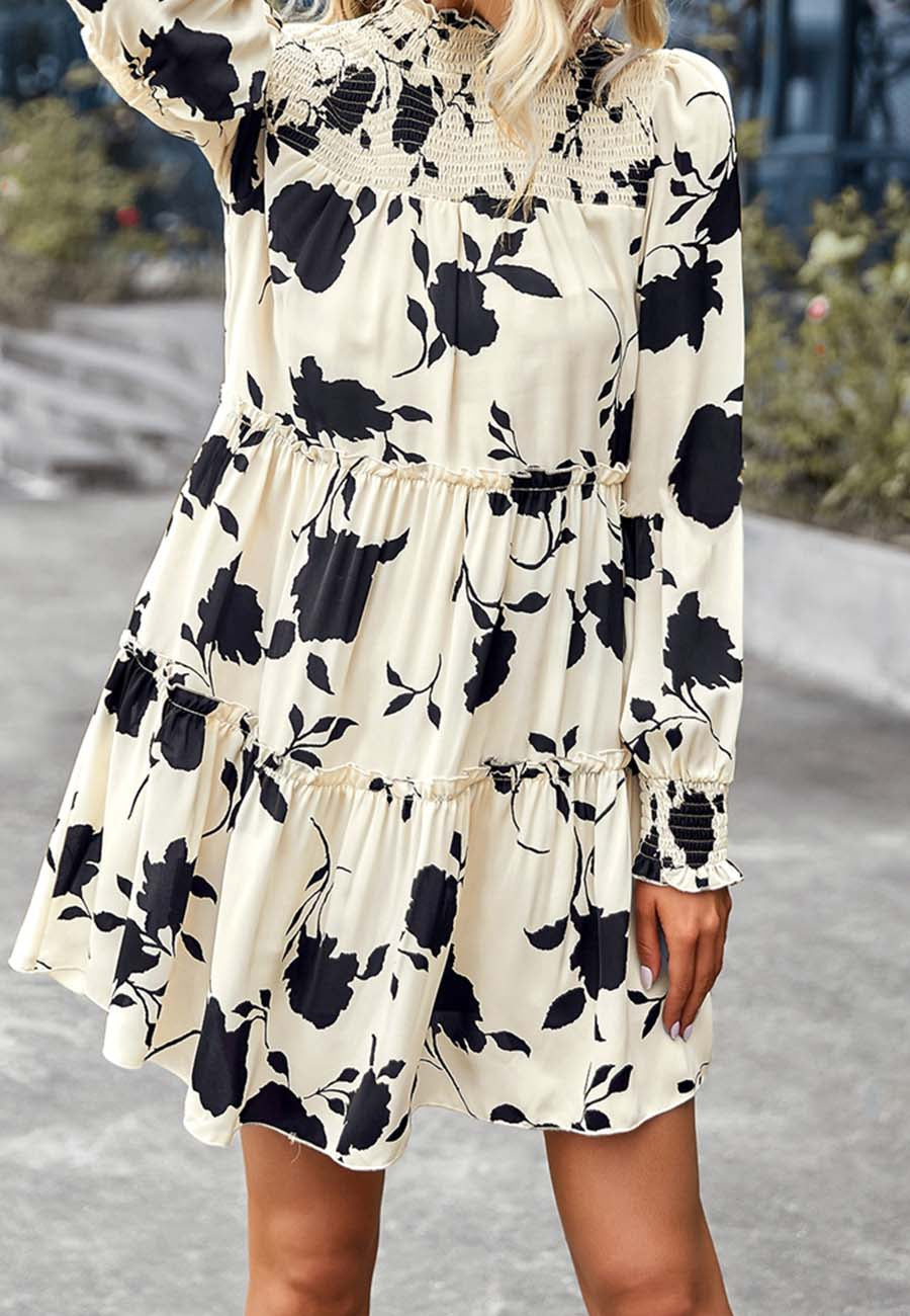 Shirred Neck Vintage Floral Dress