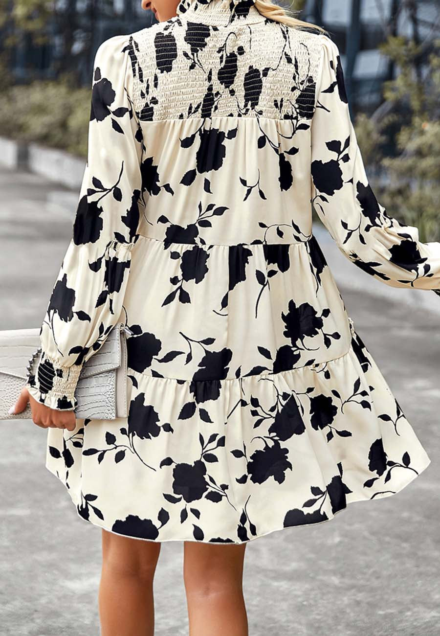Shirred Neck Vintage Floral Dress