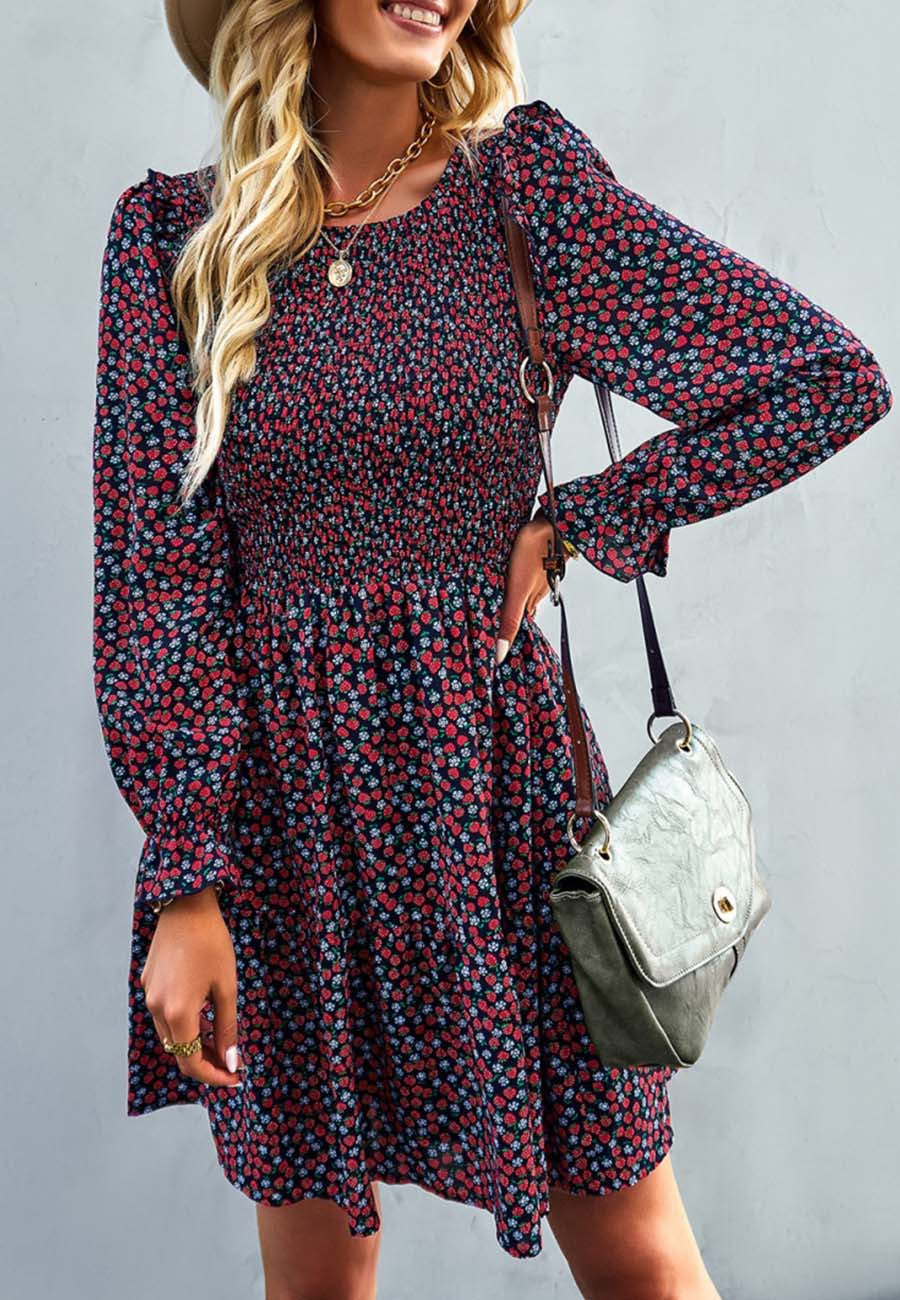 Smocked Chest Long Sleeve Floral Dress