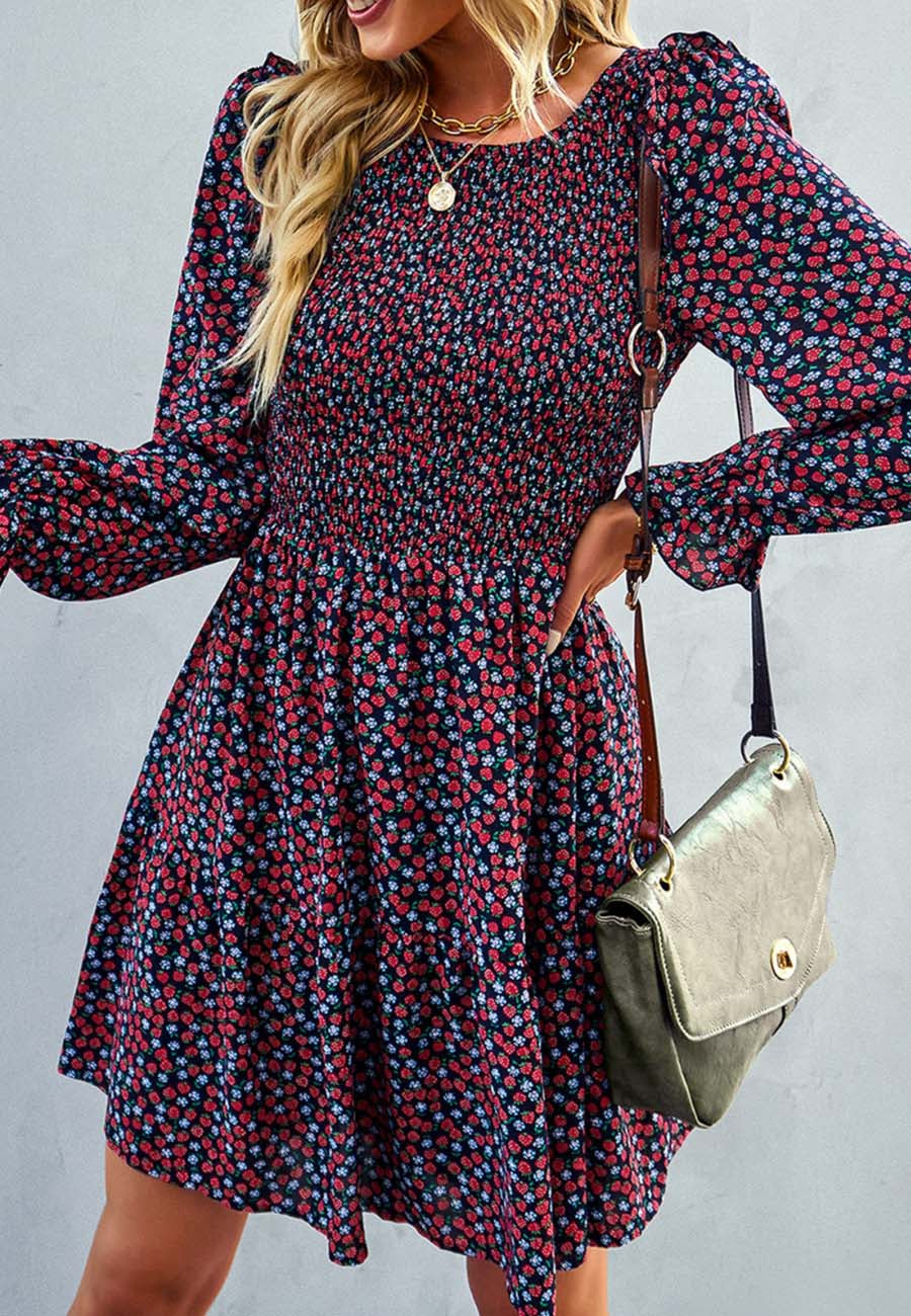 Smocked Chest Long Sleeve Floral Dress