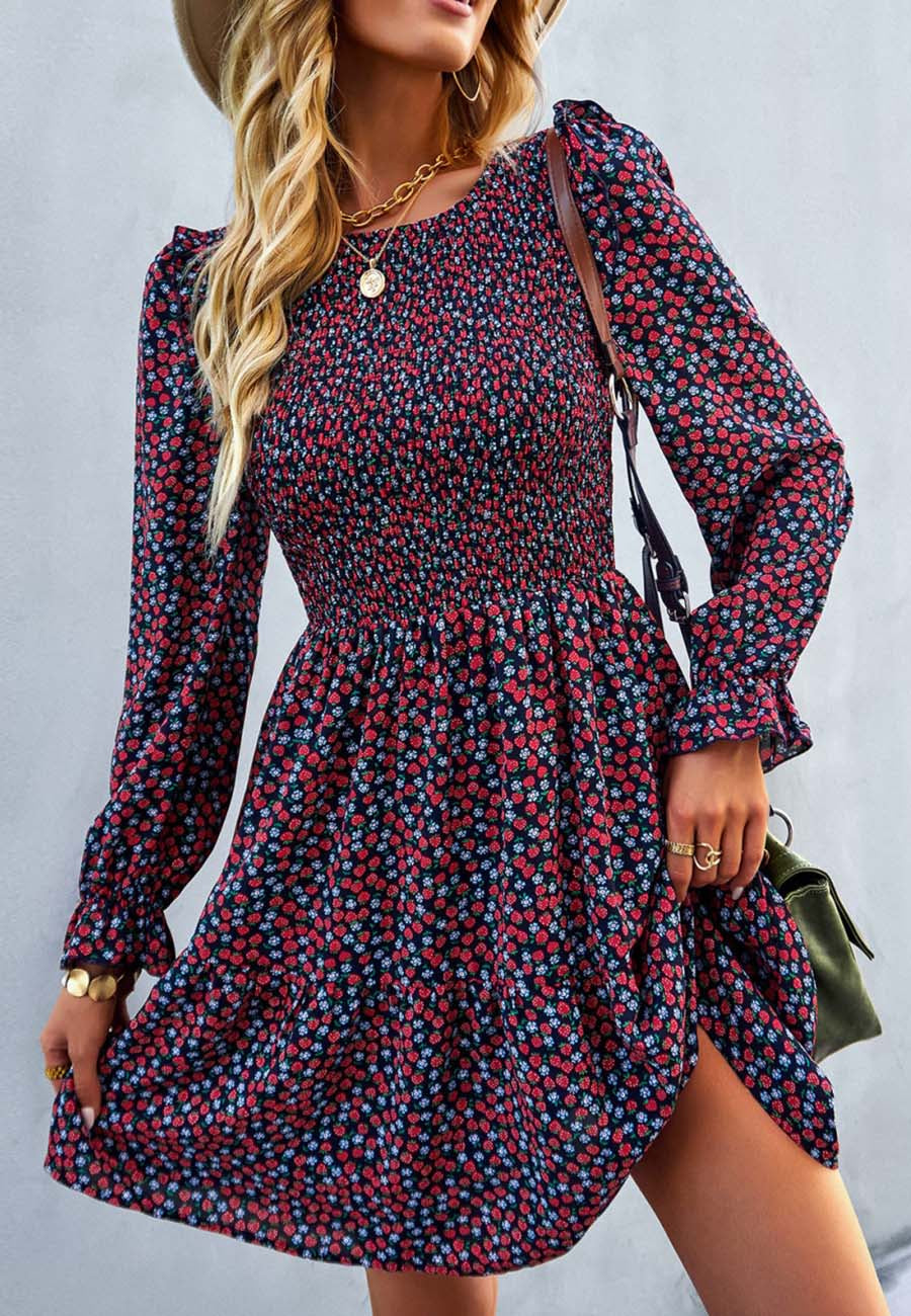 Smocked Chest Long Sleeve Floral Dress