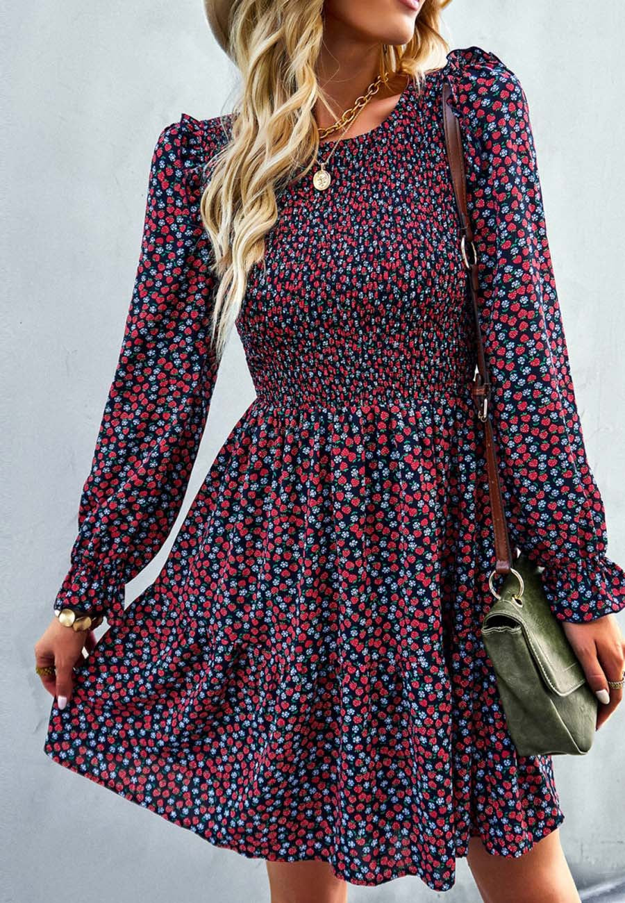 Smocked Chest Long Sleeve Floral Dress