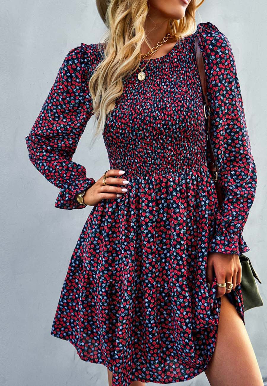 Smocked Chest Long Sleeve Floral Dress