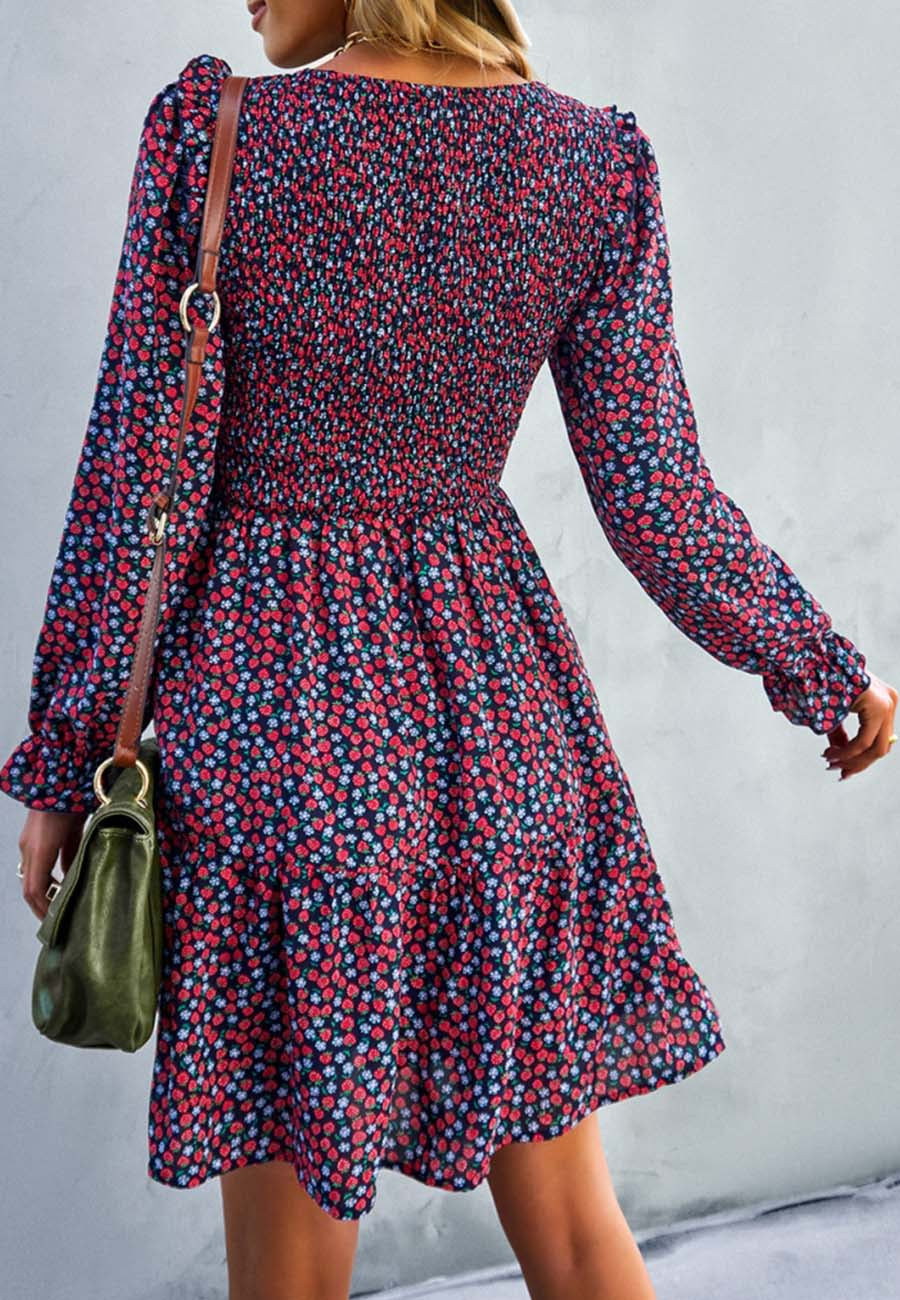 Smocked Chest Long Sleeve Floral Dress