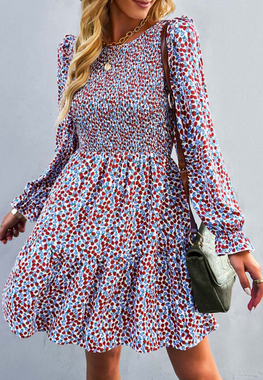 Smocked Chest Long Sleeve Floral Dress