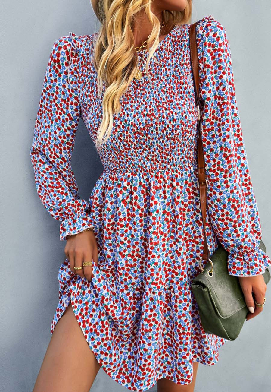 Smocked Chest Long Sleeve Floral Dress